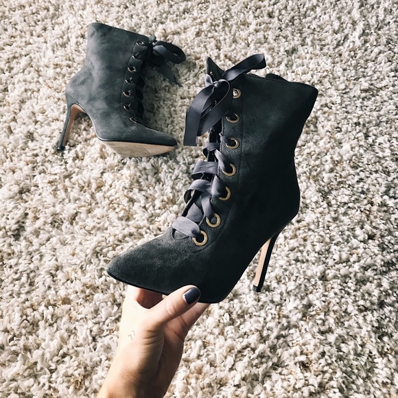 Gray Heels Boots Lace-up Suede Heeled Bootie Shoes - Picture 6 of 8